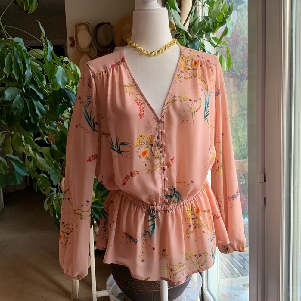 Worthington Floral Peachy Pink Peplum Blouse Size L